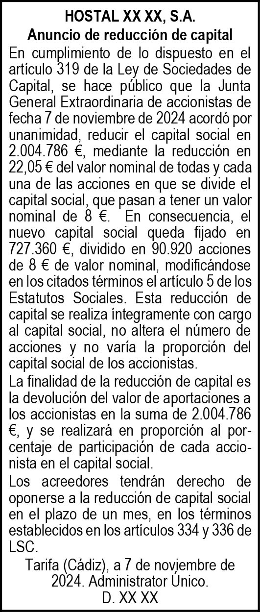 Ejemplo de anuncio de reducción de capital